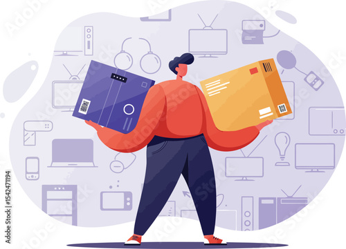Person holding two credit cards with electronic devices background in digital payment concept