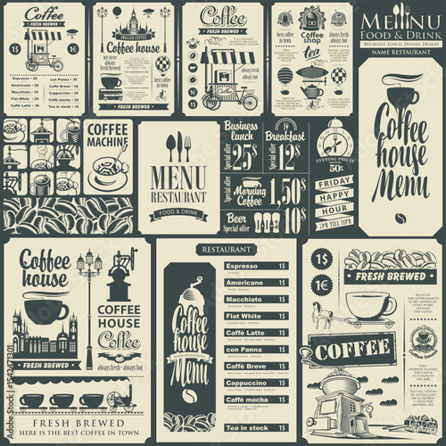 Set of coffee banners with seamless pattern, old town, coffee machine, beans, cups, price tags and vintage inscriptions. Logo, menu, label, sign, shop, restaurant, cafe. No AI used