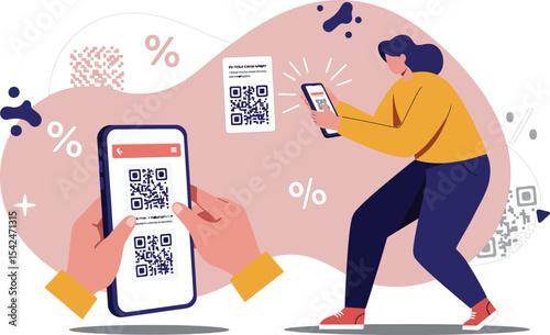 Person scanning QR codes on smartphone with digital coupons and percentage signs in modern illustration style 