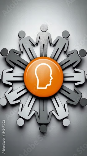 Symbolic group of figures circling a human head emblem in shades of gray and orange against a neutral backdrop