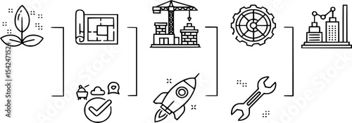 Diverse line icons illustrate growth, planning, construction, manufacturing, launch, maintenance, and technological advancements.