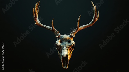 A deer skull with antlers displayed against a dark background in a studio setting showcasing detail