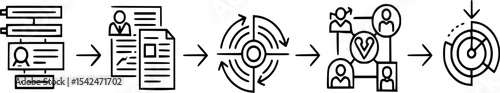 Human resources process shows hiring flow with forms, people, connection, and focus with simple white background