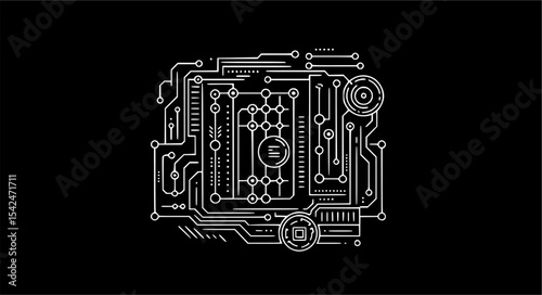 Futuristic circuit board illustration on black shows technology and connectivity themes, great for digital concepts.