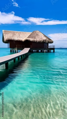 Tropical stilt house with thatched roof over turquoise ocean under a bright blue sky with white clouds from wooden dock perspective