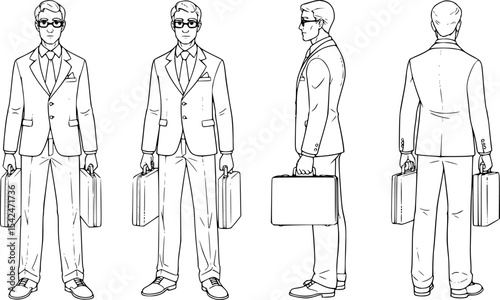Businessman line drawing features a man in a suit with a briefcase viewed from multiple angles for business concepts.