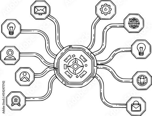 Digital connection concept art showcasing network icons linking to a central node, symbolizing communication and data flow.