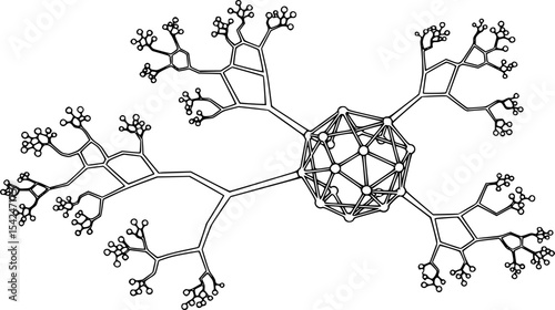 Detailed illustration depicting a fullerene connected to dendritic branches showcasing intricate molecular architecture and design concept.