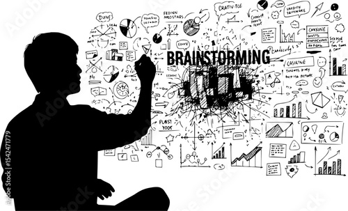 Conceptual brainstorming session showing a silhouette drawing diagrams for business planning and success