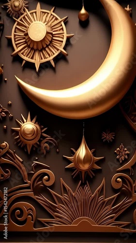 Elegant celestial design featuring golden moon, sunbursts, floral ornaments and complex radial patterns on a dark brown background