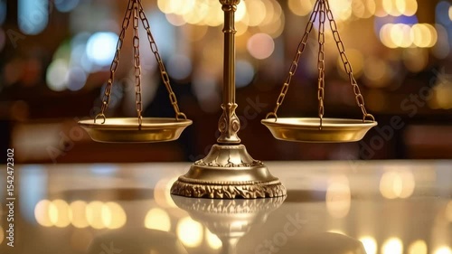 Golden scales of justice centered with blurred bokeh lights in the background displaying law and balance concept.