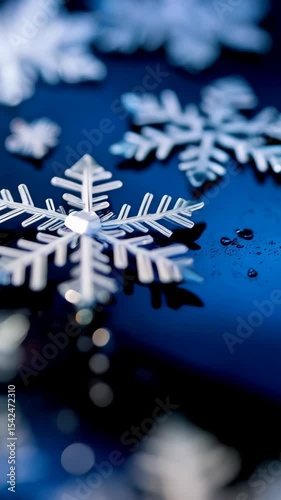 Close-up of decorative snowflakes with a dark blue background and soft focus bokeh lights highlighting a winter holiday mood.