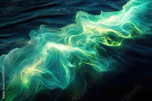 Luminous green energy flows through dark ocean waters, creating an ethereal and captivating underwater scene. 