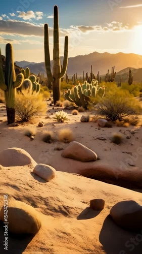 Sunlit desert landscape features Saguaro cacti and dry brush along a sandy path with hazy mountains under a bright, golden sky.