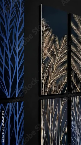 Botanical artwork panels arranged vertically with blue and gold floral designs set against dark black, minimalist presentation style