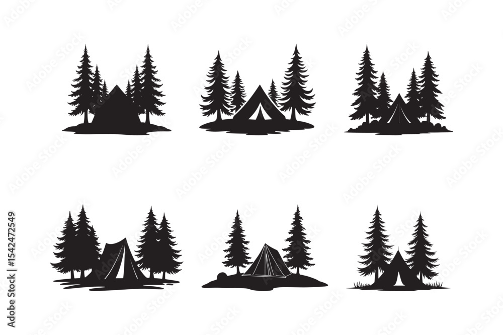 Obraz premium Camping Tent Forest Silhouette Vector Set Pine Tree Outdoor Adventure Icons