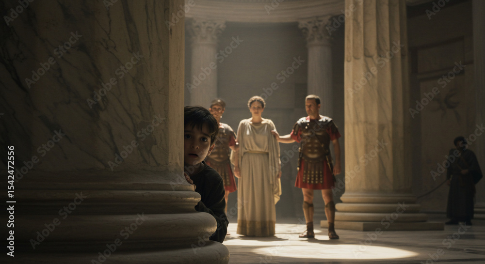Fototapeta premium Imperial Retinue: A stately woman, possibly royalty, flanked by legionaries in full armor, exits an ancient temple amidst imposing columns and the soft glow of antiquity.