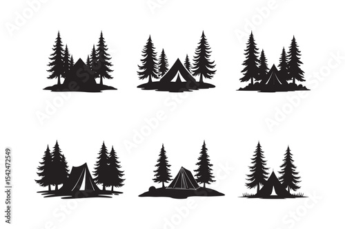 Camping Tent Forest Silhouette Vector Set Pine Tree Outdoor Adventure Icons