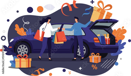 Two people loading gifts into car trunk for celebration with festive decorations and shopping bags in evening setting 