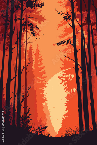 Forest, Travel, Fire, Event, View, Departure, Alone, Tree, Sun, Stars, Mountain, Vector, Artwork