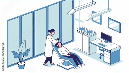 Dermatology clinic vector illustration showing doctor examining patient skin and modern medical office design