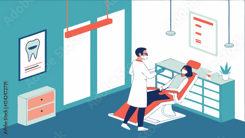 Dental clinic visit and treatment illustration showing dentist and patient in examination chair for oral health care