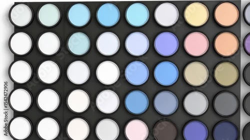 Eyeshadow palette with various colors arranged in a tray for makeup application and artistic expression, beauty product assortment