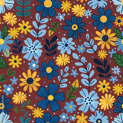 Pattern navy blue yellow flower seamless abstract botanical brown background