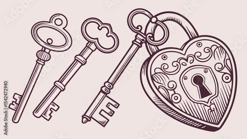 Vintage keys and heart shaped padlock illustration for security and love concepts antique key drawing art