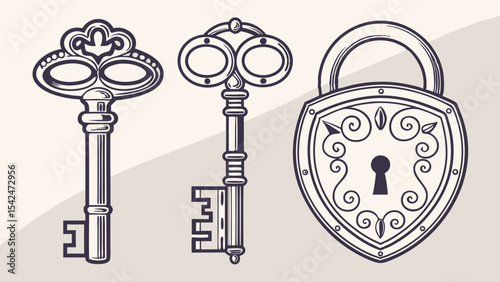 Vintage keys and padlock vector design for antique lock security and secret access concept illustration drawing