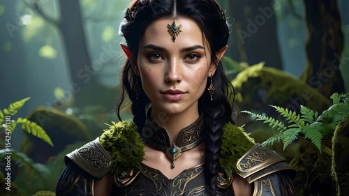 Portrait of a beautiful fantasy elf woman with long dark hair, ornate jewelry, standing in a lush green forest with mossy trees looking at the camera.