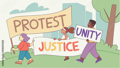 Illustration of people protesting for social justice and unity on a peaceful demonstration march