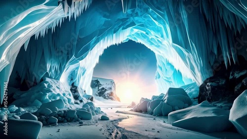 Majestic ice cave illuminated by sunlight with frozen formations and snowy mountain landscape