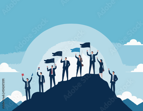Vector flat illustration with business people standing on mountain peak top holding flag on blue clouded sky background. Victory, achievement, reaching aim, partnership, motivation, leader
