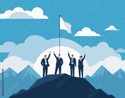 Vector flat illustration with business people standing on mountain peak top holding flag on blue clouded sky background. Victory, achievement, reaching aim, partnership, motivation, leader