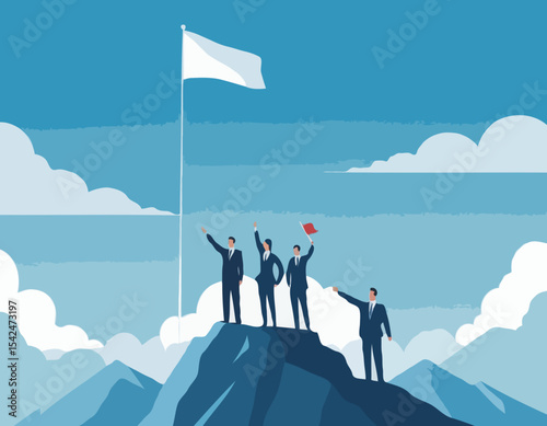 Vector flat illustration with business people standing on mountain peak top holding flag on blue clouded sky background. Victory, achievement, reaching aim, partnership, motivation, leader