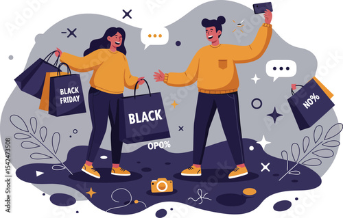 Young couple enjoying shopping spree with black friday bags and camera in modern illustration style 