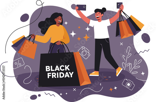 Black Friday shopping excitement with diverse young women holding bags and smartphones in vibrant celebration scene 