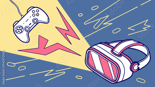 Vr gaming and esports illustration featuring virtual reality headset and game controller for immersive experience