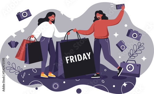 Young people holding shopping bags with Friday sale text and taking selfie during shopping spree in modern style 