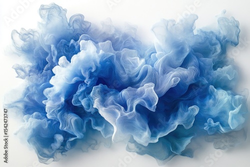 Abstract blue and white smoke-like forms create a wispy, ethereal effect on a white background.
