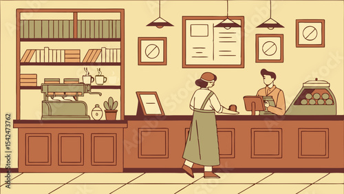 Illustration of a coffee shop with barista and customer in a cozy cafe setting vector art design