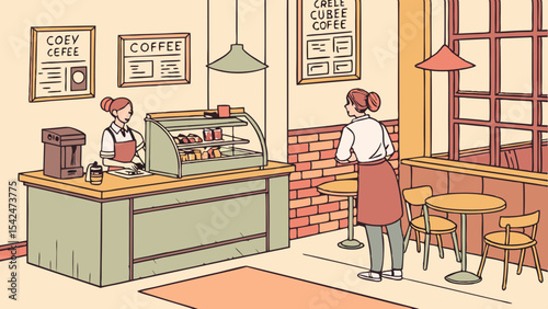 Illustration of a cozy coffee shop with barista, customer, and menu for cafe business design