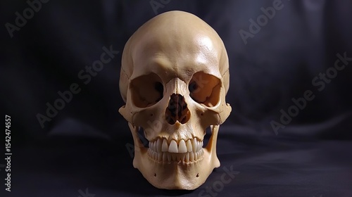 A front view of a human skull with teeth visible against a dark background in a studio setting