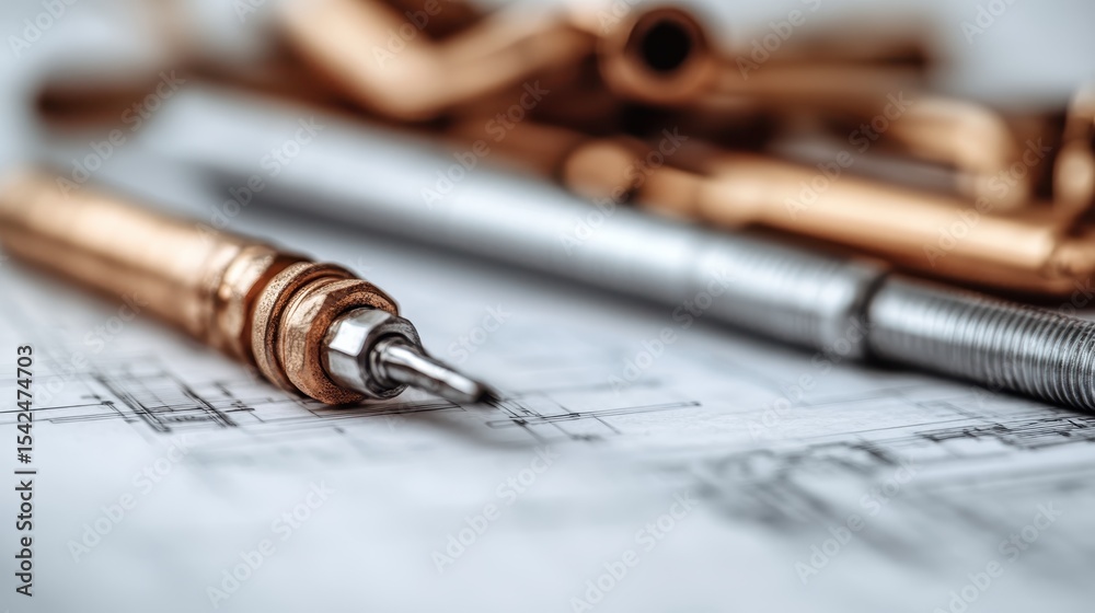 Naklejka premium An artistic close-up of drafting tools placed atop architectural blueprints, symbolizing creativity, innovation, and the design process in a digital age.