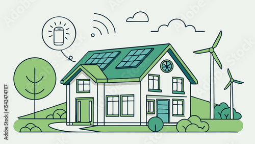 Sustainable home with solar panels and wind turbines for renewable energy and smart home automation system