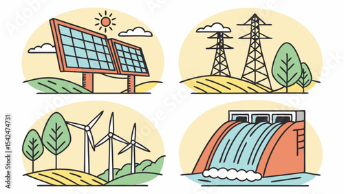 Renewable energy sources: solar panels, wind turbines, hydroelectric, and power lines illustration