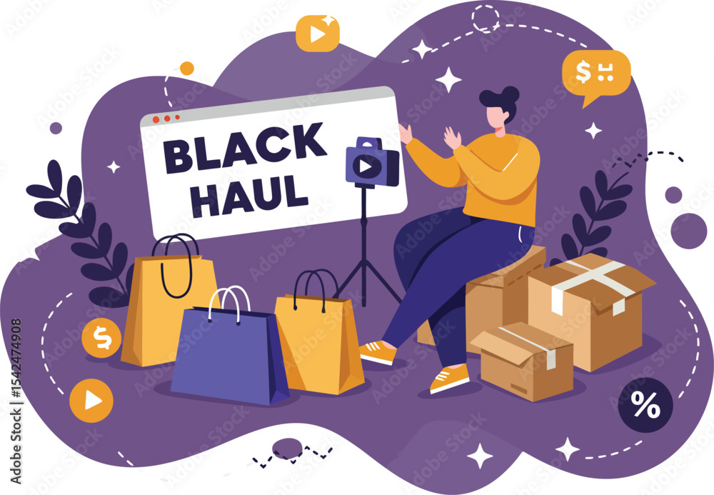 Fototapeta premium Online shopping Black Haul concept with person unboxing packages and holding smartphone for video recording in purple theme 