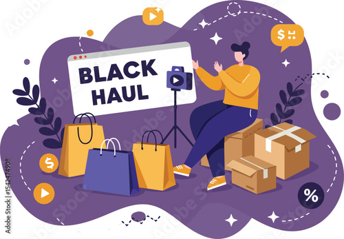 Online shopping Black Haul concept with person unboxing packages and holding smartphone for video recording in purple theme 