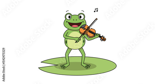 A cheerful frog plays violin on a lily pad under the warm sunlight